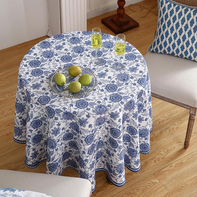 patdrea Designer Blue Tablecloth for Round Tables,Vintage Elegant Linen with Paisley Floral Pattern Tablecloths,Farmhouse Flower Table Cover Cloth Decor for Kitchen Dining Christmas,Diameter 55"