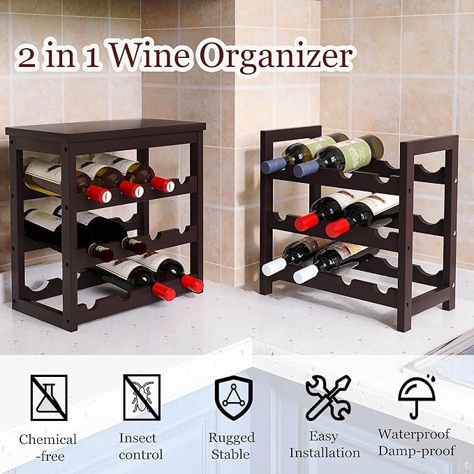 Bamboo Wine Rack, 24 Bottles Wine Display Storage Shelves with Table Top, 6 Tier Wobble-Free Floor Free Standing Table Wine Organizer, Brown