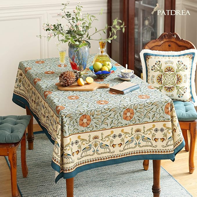 patdrea Designer French Linen Blue Tablecloth for Sqaure Table,Vintage Floral Table Cloth,Colorful Decoration Small Cover Kitchen Dining for Party,Thanksgiving,Christmas,55"x55"-Wensel