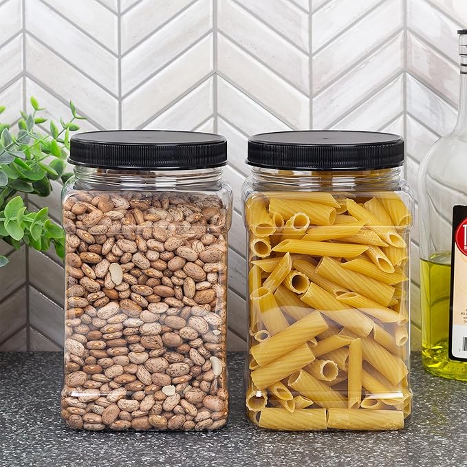 Cornucopia Brands 48oz Square Plastic Jars (3-Pack); Clear Rectangular 6-Cup Canisters w/Black Lids, Easy-Grip Side