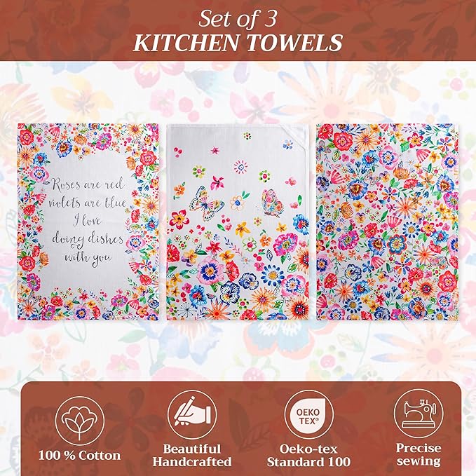 Maison d' Hermine Kitchen Towels Set of 3 100% Cotton 27.50" x 20" Reusable Cloth Tea Dish Towels Absorbent with Hanging Loop for Kitchen, Cocktail Parties Spring/Summer (Happy Florals - High Summer)