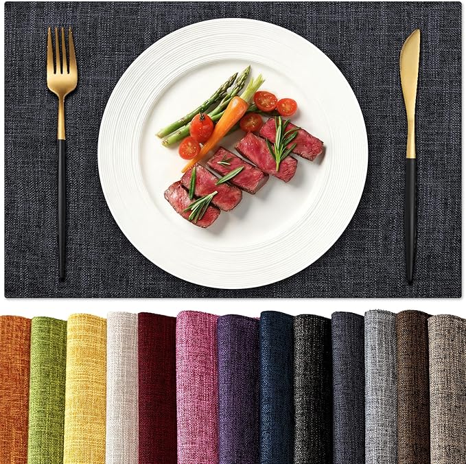 KXN Placemats Set of 8, Dual-Layer Thickened Faux Linen Table Mats, Heat Resistant & Wrinkle-Free, Machine Washable Cloth Place Mats for Kitchen Dining Indoor Outdoor (Dark Grey)