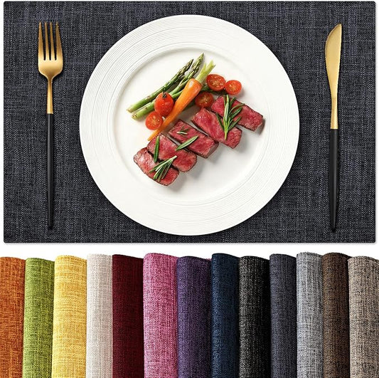 KXN Placemats Set of 8, Dual-Layer Thickened Faux Linen Table Mats, Heat Resistant & Wrinkle-Free, Machine Washable Cloth Place Mats for Kitchen Dining Indoor Outdoor (Dark Grey)