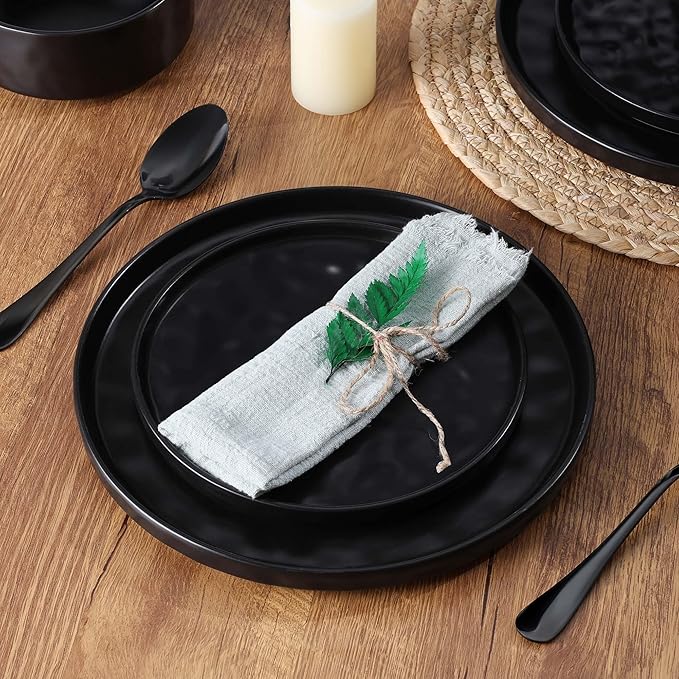 LIANYU Dinnerware Dishes Sets for 4, 12 Piece Stoneware Dinner Plates and Bowls Set, Ceramic Dinning Dishware Includes Salad Plate, Cereal Bowls, Chip Resistant & Dishwasher Safe, Obsidian Matte Black