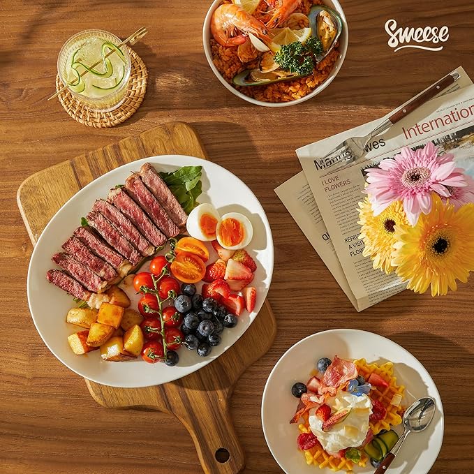 Sweese 18-Piece Dinnerware Sets for 6, Porcelain Plates and Bowls Set, Scratch Resistant Dishes, Microwave and Oven Safe Dishware, Snow White