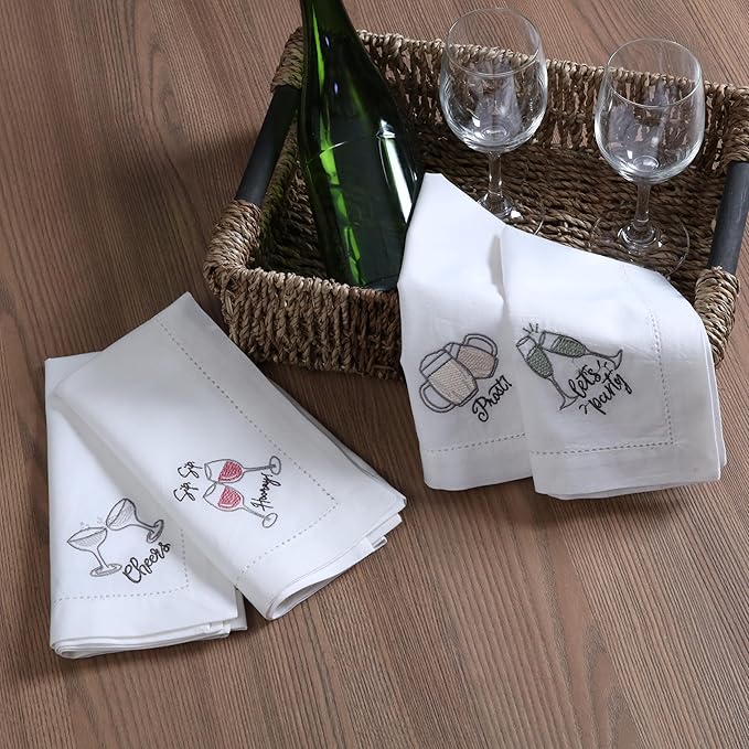 Bedding Craft Cotton Cloth Dinner Napkins Set of 12 – 18x18 Embroidered Motif with Decorative Hemstitch – Machine Washable Fabric Napkins for Weddings, Baby Showers, Christmas & Parties