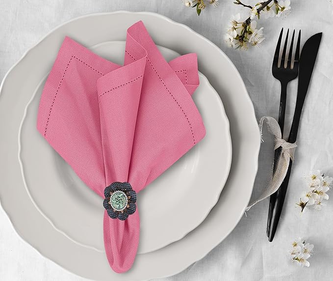 Ruvanti Premium Linen Napkins Set of 6-20x20 Inch, Classic Hemstitch, Mitered Corner Cloth Napkins ‎‎- Soft, Elegant Dinner Napkins Cloth Washable for Weddings, Parties, Everyday Use - Pink