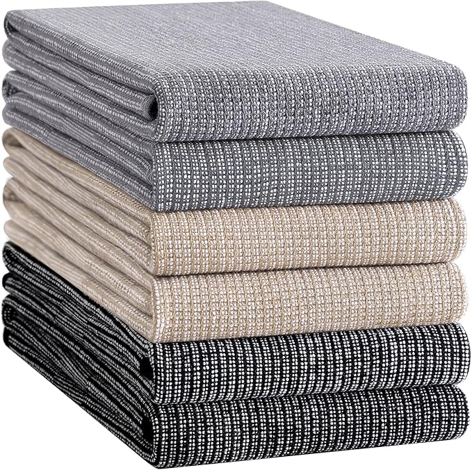 Homaxy Premium Kitchen Towels(18”x 28”, 6 Pack), Large Cotton Kitchen Hand Towels, Flat and Terry Dish Towels, 380 GSM Highly Absorbent Tea Towel Set with Hanging Loop, Grey/Khaki/Black