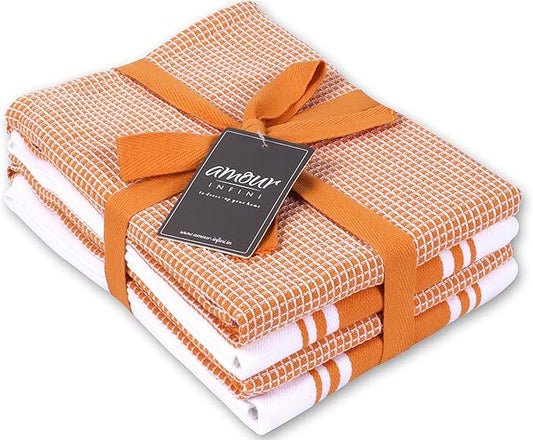 AMOUR INFINI Cotton Kitchen Towels - Set of 4 Highly Absorbent, Ultra Soft Waffle Weave Tea Towel with Hanging Loop - 20x28 Inch Quick Drying Dish Cloths for Cleaning (Orange)