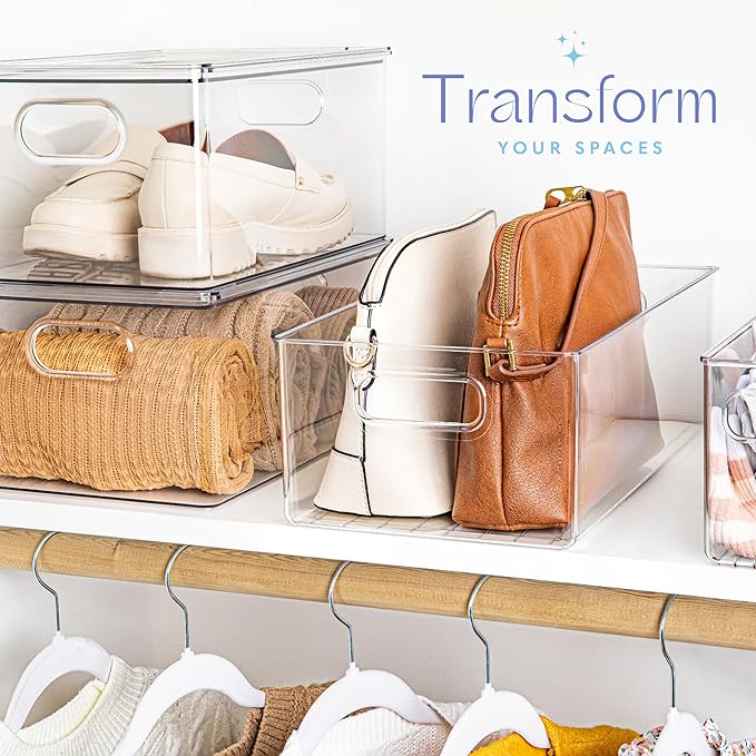 Plastic Food Storage 6 Pack Clear Container Bin with Handles for Organizing Kitchen, Pantry, Refrigerator, Freezer, Pantry, Cabinet, Closet, Bathroom. 16”x8”x5”