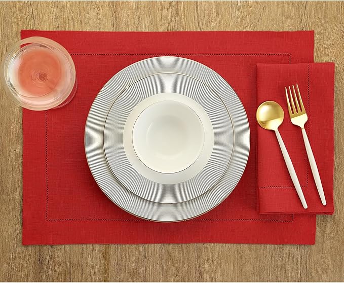 Solino Home Red Linen Napkins Set of 6-100% Pure Linen Hemstitch Dinner Napkins 20 x 20 Inch for Christmas, Holiday, Winter - Classic Hemstitch