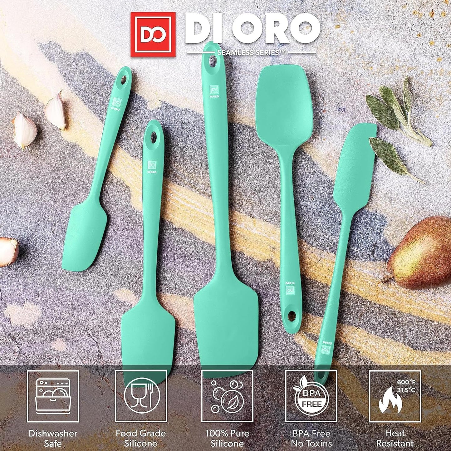DI ORO Silicone Spatula Set - Rubber Kitchen Spatulas for Baking, Cooking, & Mixing - 600°F Heat-Resistant & BPA Free Silicone Scraper Spatulas for Nonstick Cookware - Dishwasher Safe (5pc, Mint)