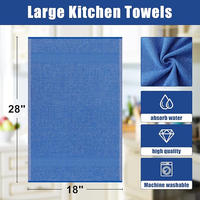 Homaxy Premium Kitchen Towels(18”x 28”, 6 Pack), Large Cotton Kitchen Hand Towels, Flat and Terry Dish Towels, 380 GSM Highly Absorbent Tea Towel Set with Hanging Loop, Blueberry
