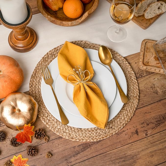 Blue Needles Solid Cloth Napkins Set of 6 Golden Yellow 100% Cotton Dinner Napkins 18x18 inches - Soft, Reusable, Absorbent & Washable Fall Thanksgiving Linen, Ideal for Events, Parties & Everyday Use