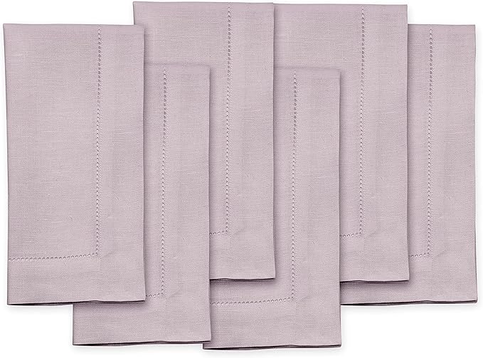 Solino Home Linen Napkins Set of 6 - Classic Hemstitch 100% Pure Linen Lilac Dinner Napkins Cloth 20 x 20 Inch - Handcrafted and Machine Washable
