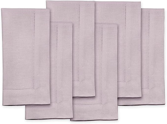 Solino Home Linen Napkins Set of 6 - Classic Hemstitch 100% Pure Linen Lilac Dinner Napkins Cloth 20 x 20 Inch - Handcrafted and Machine Washable