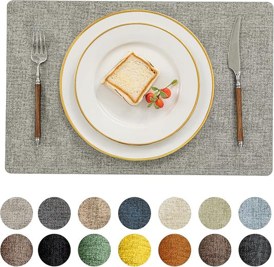 Romanstile Vinyl Placemats Set of 8-12 X 18 Inch - Heat Resistant Place Mats 100% Waterproof Oilproof Wipeable Reversible Faux Leather Table Mats for Kitchen/Dining/Party/Outdoor, Light Grey
