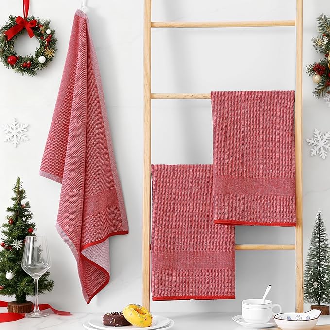 Homaxy Premium Kitchen Towels(18”x 28”, 8 Pack), Large Cotton Kitchen Hand Towels, Flat and Terry Dish Towels, 380 GSM Highly Absorbent Tea Towel Set with Hanging Loop, Red