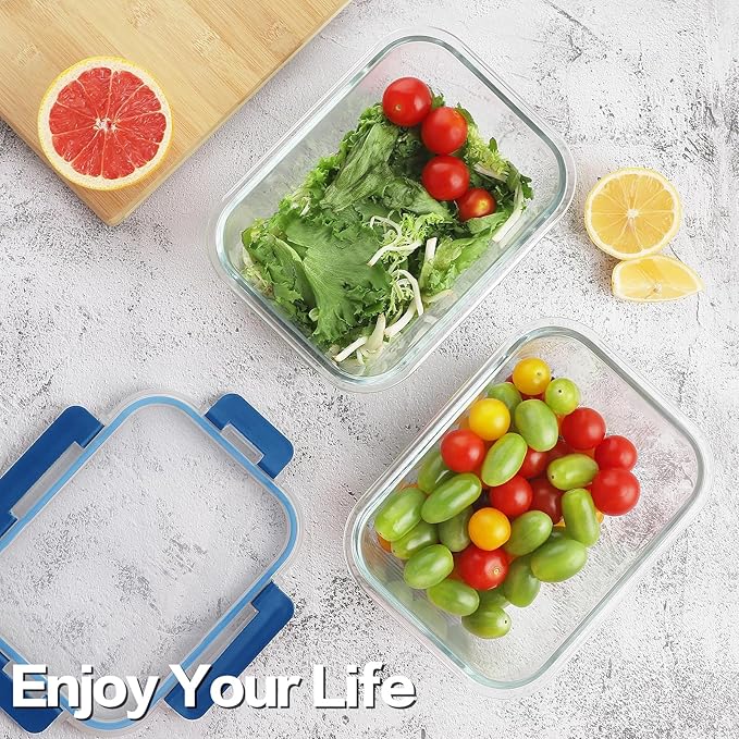 8 Pack 36oz Large Glass Meal Prep Containers with lids, Glass Food Storage Containers with Leak Proof Snap Lock Lids , Airtight Bento lunch Boxes, Kitchen Storage, Oven and Dishwasher Safe-Deep Blue