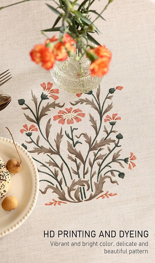 Floral Tablecloth for Round Tables,Linen Table Cloth with Double-Edged Lily Pattern,Heavy Durable Table Cover for Dining Thanksgiving Kitchen Decor Party Christmas,Diameter 55"