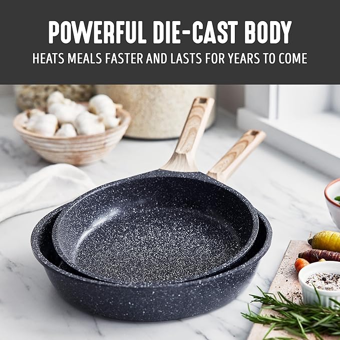 GreenLife Nonstick 2 Piece Frying Pan Set, 9.5" & 11" Skillets Ceramic PFAS-Free Nontoxic, Induction Suitable, Wood Print Handles, Stay-Cool Handles, Deep Cooking Skillets, Egg Pan, Granite Black
