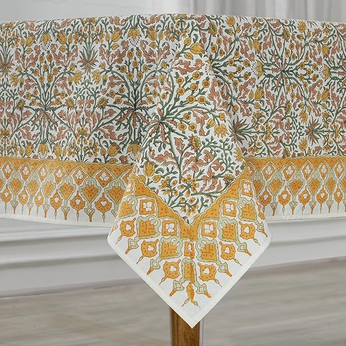 Ridhi Goldenrod Yellow Hand Block Print Cotton Rectangle Tablecloth 190 x 72 inches Reusable Table Cover Decorative Everyday Use for Dining Room, Farmhouse, Home, Party, Festive & Wedding, Fall