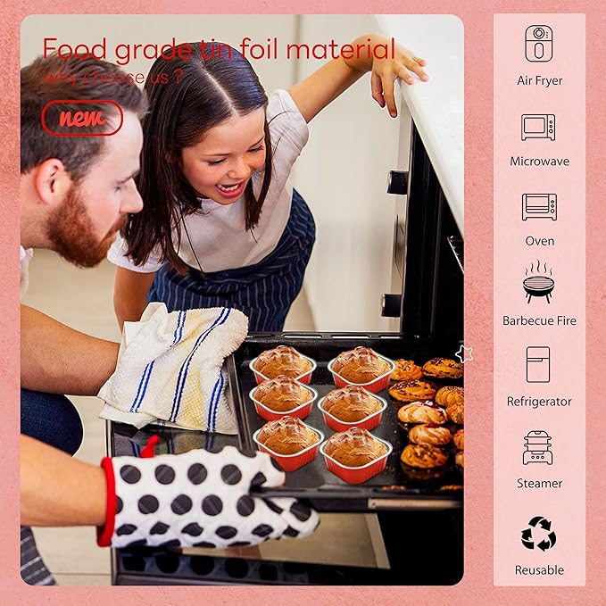 60 Pack Mini Cake Pans with Lids Mini Aluminum Pans, Disposable Loaf Pans Cupcake Liners with Lids for Pudding, Souffle, Party, Wedding(Red, 5 oz)