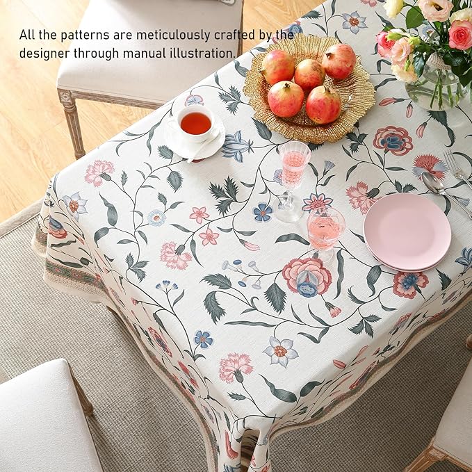 French Tablecloth, Linen/Polyester Blend, Rectangular, 79" x 55", Pink, Floral Pattern, Hand-Painted Design, Dining Table Cover