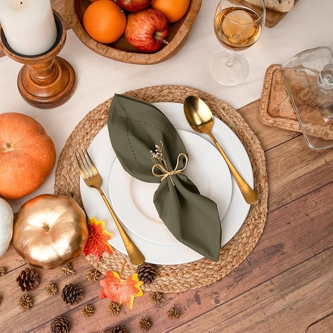 Blue Needles Set of 6 Hemstitch Linen Napkins 100% Cotton Olive Green Cloth Dinner Napkins 18x18 inches, Soft, Reusable, Absorbent, Washable, Ideal for Fall Thanksgiving Events, Parties & Everyday Use