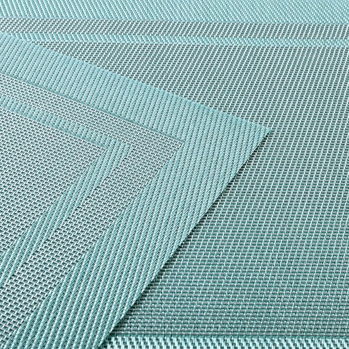 SHACOS Woven Vinyl Placemats Set of 6 Wipe Clean Place Mats for Dining Table Heat Resistant PVC Weave Table Mats Indoor Outdoor (6, Frame Light Turquoise)