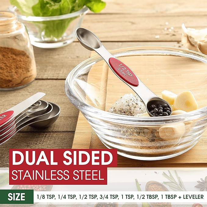 Spring Chef Red Stainless Steel Magnetic Measuring Spoons Set of 8 with Leveler, Metal Teaspoon & Tablespoon Measuring Spoons with Strong Magnets, Kitchen Gadgets for Baking & Cooking - Set of 2