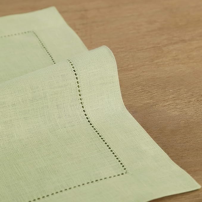 Solino Home Linen Cloth Placemats Set of 6-100% Pure Linen Hemstitch Sage Green Placemats 14 x 19 Inch - Classic Hemstitch Table Place Mats for Fall, Autumn, Thanksgiving, Christmas, Winter