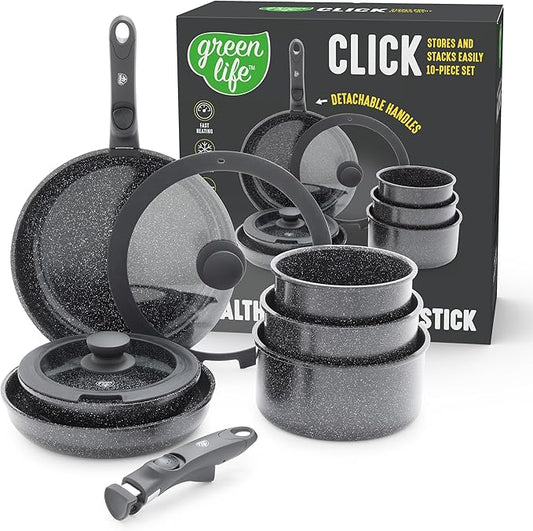 GreenLife 10 Piece Nonstick Pots & Pans Set, Detachable Handle & Stackable Cookware Set, Non Toxic PFAS-Free Skillets, Induction Kitchen Pans, Space Saving, Serving Bowls, Oven Safe, Granite Black