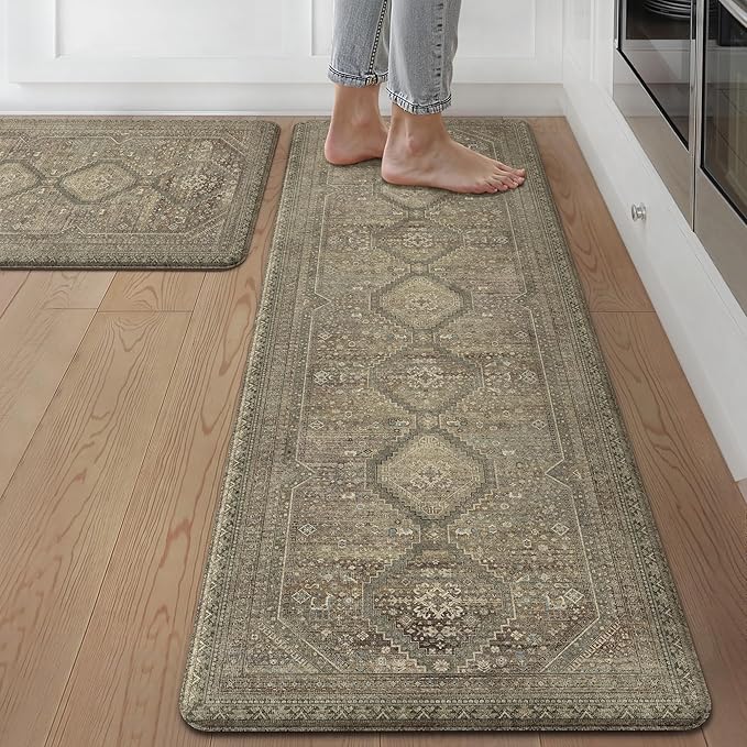 GENIMO Kitchen Mats for Floor 2PCs, Washable Anti Fatigue Mat for Cushioned, 17.3"x59"+17.3"x30", Waterproof Kitchen Rugs, Non Slip Comfort Standing Mat Rug for Home, Sink, Laundry, Sage