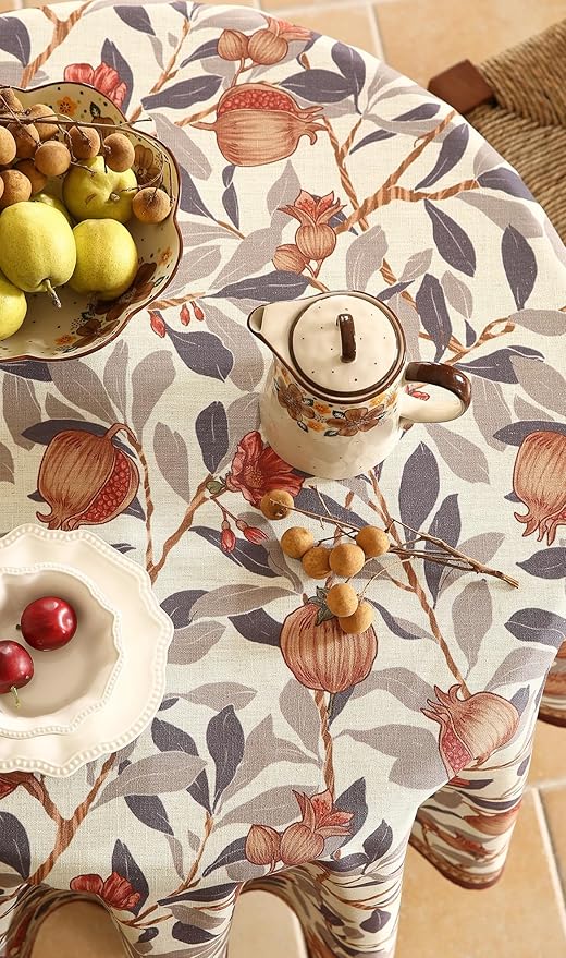 patdrea Designer Brown Tablecloth for Round Tables,Framhouse Linen Pomegranates and Leaves Tree Linen Tablecloth,Fall Fruits Table Cover Cloth Decor for Kitchen Dining Christmas,Diameter 55"