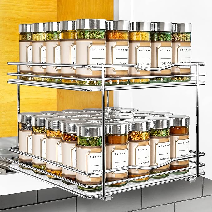 LYNK PROFESSIONAL® Pull Out Spice Rack Organizer for Inside Kitchen Cabinets - 10-3/8 inch Wide - Slide Out Drawer – Chrome Sliding Spice Cabinet Organization Shelf Racks - 2 Tier