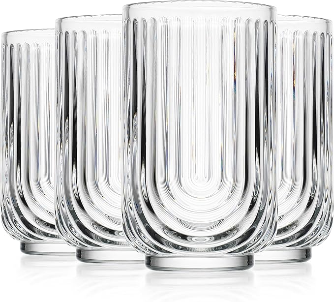 Glaver's Drinking Glasses Set of 4. 17oz Vintage Ripple Cocktail Glasses, Ribbed Highball Glass Cups. Arch Designed Art Deco Glassware for Water Juice Coffee.