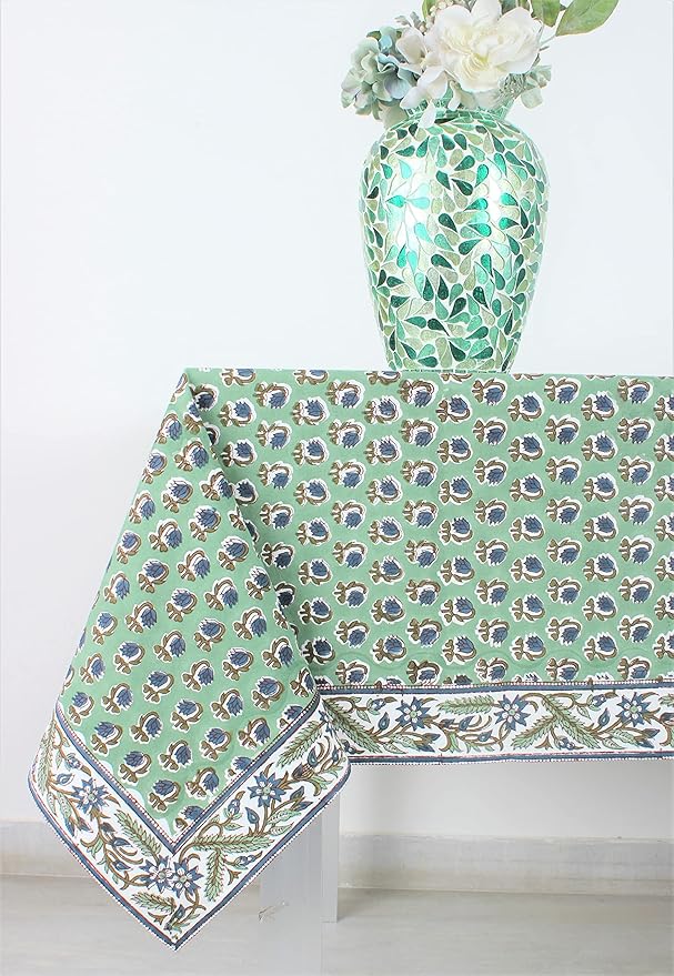 Ridhi Basil Green Hand Block Print Cotton Rectangle Tablecloth 102 x 48 inches Reusable Table Cover Decorative Everyday Use for Dining Room, Farmhouse, Home, Party, Festive & Wedding, Fall