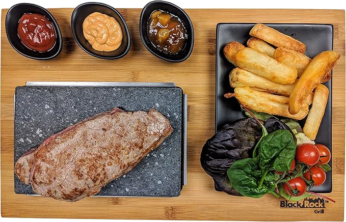 Black Rock Grill Steak, Hot Stone Grill - Sizzling Hot Rock, Indoor Grill, Cooking Stone with Matt Black Ramekins and Side Plate (One Standard Set)