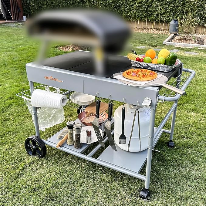 Upgraded Pizza Oven Cart Table for Ooni Koda/Karu/Fyra 16 & 12, Movable Thicken & Widen Rolling Kitchen Cart, Outdoor Grill Stand for Ninja Woodfire,Blackstone Griddle,Carts with Wheels