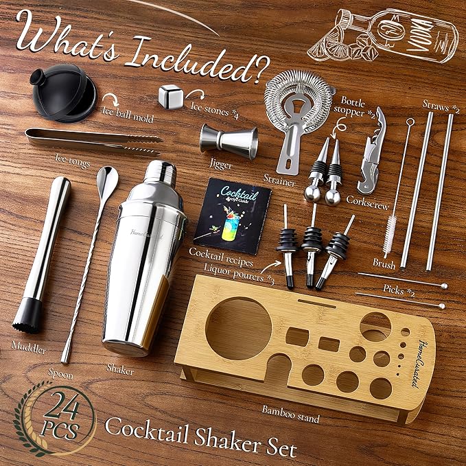 Cocktail Shaker Set, 24-Piece Bar Bartender Kit with Stand, Martini Shaker, Jigger, Strainer,Mixer Spoon,Muddler,Liquor Pourers,Tongs,Opener,LCE Ball Mold&LCE Cubes,Bottle Stoppers|Silver