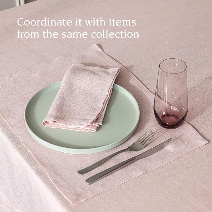 over&back 100%-Linen Woven Tablecloth - Colorful Dining Room Table Cover - Mitered Corner Hems - Machine Washable - Kitchen and Home Decor - Pink - 70x108