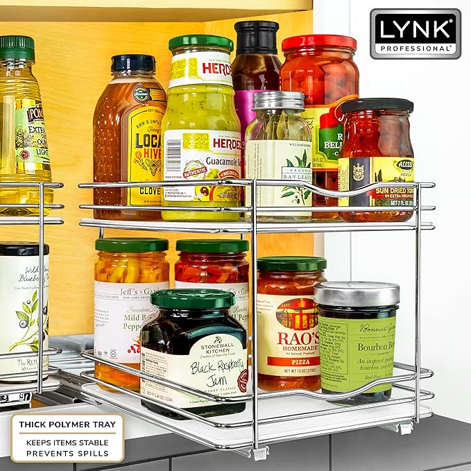LYNK PROFESSIONAL® Pull Out Spice Rack Organizer for Inside Kitchen Cabinets - 8-3/8 inch Wide - Slide Out Drawer – Chrome Sliding Spice Cabinet Organization Shelf Racks - 1 Tier