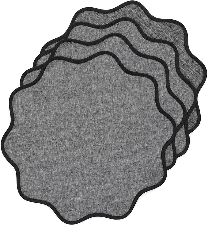 Solino Home Scallop Linen Placemats Set of 4-100% Pure Linen Black and Charcoal Grey Round Cloth Placemats 16 Inch for Thanksgiving - Giselle Scallop Edge Handcrafted and Machine Washable