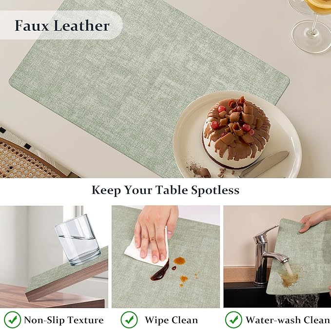 FROMHEART Faux Leather Placemats Set of 4–Waterproof,Heat/Oil Stain-Resistant PU Table Mat–Reversible,Non-Slip,Easy to Clean Place Mats for Kitchen,Dining,Indoor/Outdoor,(Light Green,11.8" x 17")