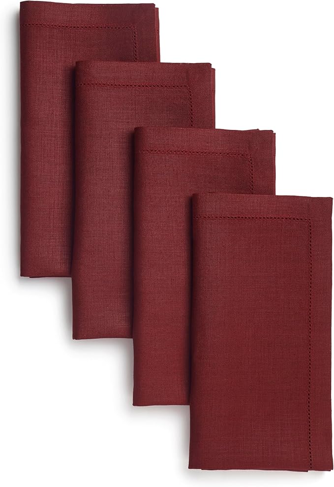 D'Moksha Homes Dark Red Linen Napkins Set of 4 - Classic Hemstitch 100% Pure Linen Hemstitch Dinner Napkins 20 x 20 Inch for Fall, Thanksgiving, Christmas, Holiday - Handcrafted and Machine Washable
