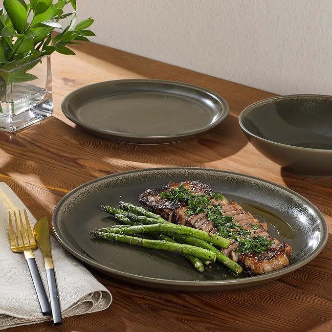 Gibson Elite 12 Piece (Service for 4) Lakecrest Plates and Bowls Reactive Glaze Round Dishes Stoneware Ceramic Dinnerware Set - Dark Green