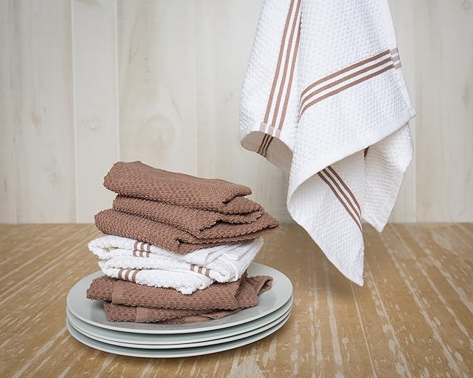 Sticky Toffee Cotton Kitchen Towels Set of 4 – Brown and White Hand Towels 28x16 in, Reusable and Absorbent Tea Towels for Cleaning or Drying, Oeko-Tex Cotton