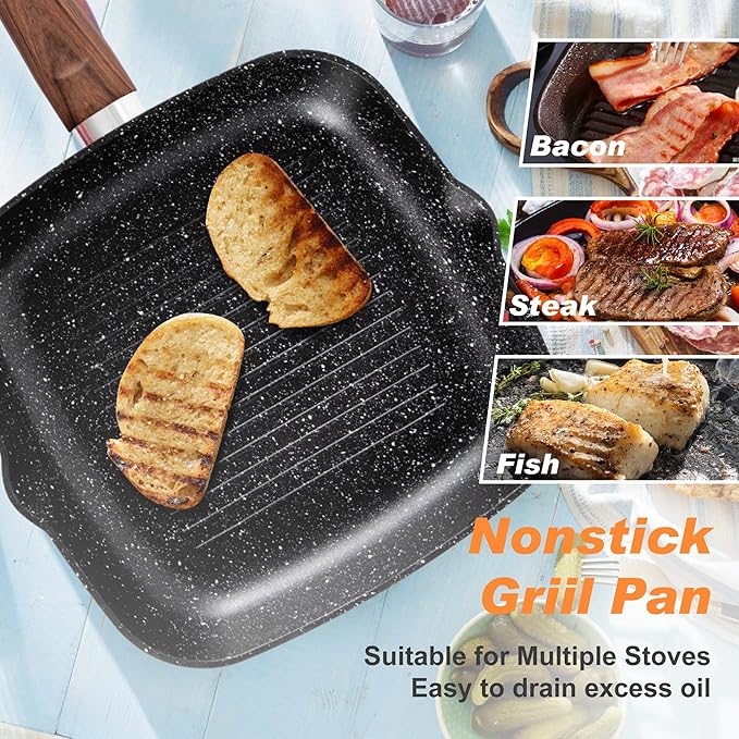 DishDelight 17 Piece Pots and Pans Set Non Stick, Nonstick Induction Granite Kitchen Cookware Set, Non Toxic Cookware Set with Frying Pans and Saucepan, Cooking Sets Pots and Pans, Black