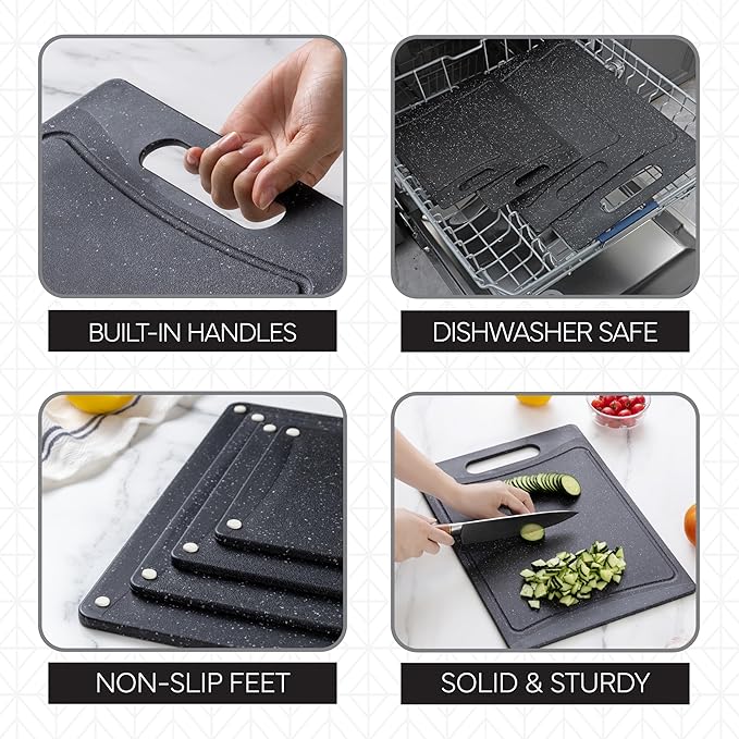 COOK WITH COLOR Non-Slip Cutting Board Set – Kitchen Essentials with Easy Grip Handle for Meat, Veggies, and Fruits, 4 Cutting Boards, Black